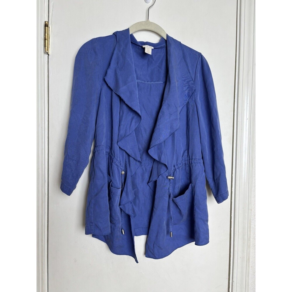 Chico's Drape Jacket Blue Ruffle Sleeve Size 4/6 100% Lyocell
